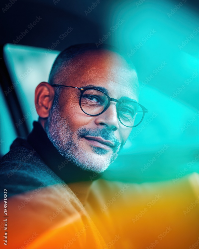Aufkleber confident middle-aged man with glasses smiling inside vehicle with dynamic window light, symbolizing