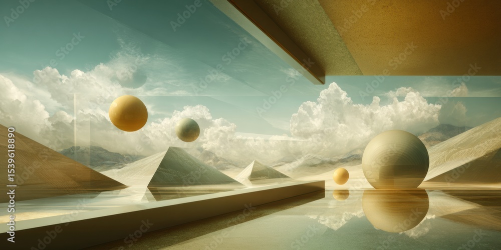 Poster Surreal Architecture with Geometric Shapes and Floating Spheres in Dreamlike Landscape for Creative Branding and Imaginative Advertising Concepts