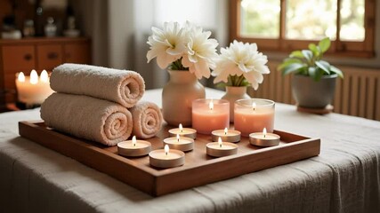 Luxurious Spa Relaxation Candles Light Zoom Out Footage ideal for promoting beauty salons cosmetics and wellness businesses offering massage therapy treatments