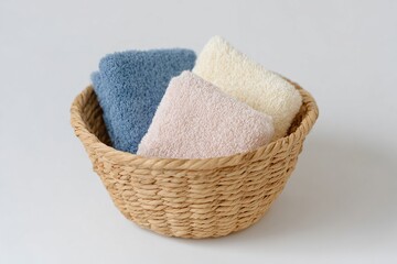 A basket of towels is sitting on a white surface