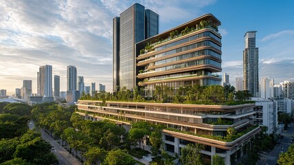 A large building with a green roof and a lot of trees surrounding it