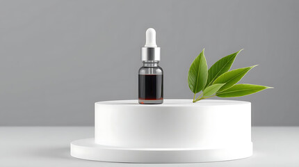 Natural essential oil serum bottle on white display