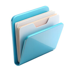3d render blue folder icon with documents isolated on transparent background