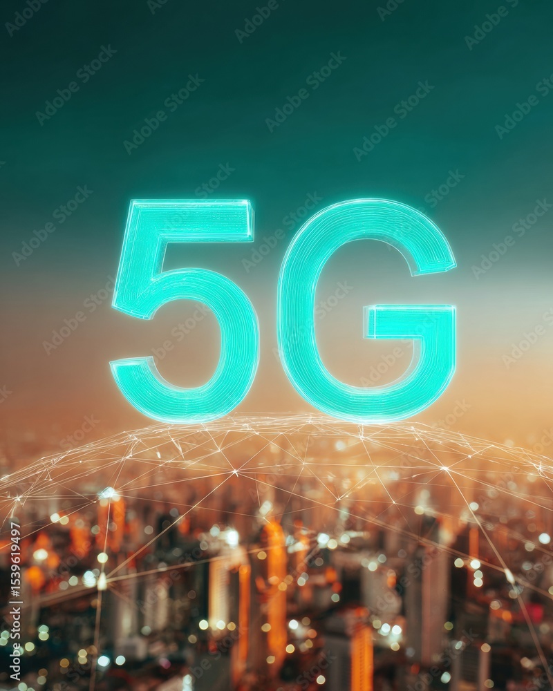 Poster futuristic 5g hologram above cityscape with network grid and digital connection lines for smart city