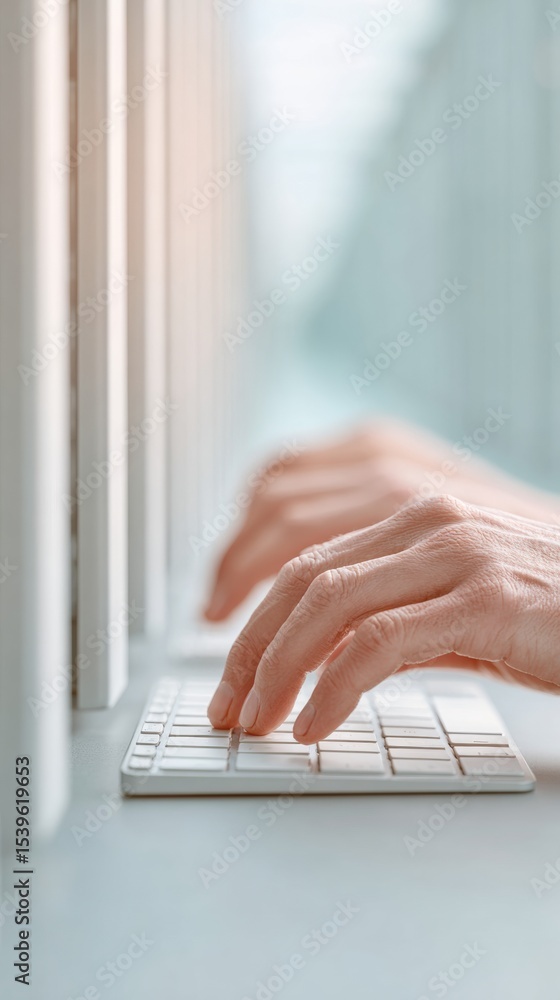 Aufkleber Serene IT Professional Typing on Keyboard in Soft Natural Light with Server Racks and Security Update Progress Bars Cybersecurity and Vulnerability Patch Concept