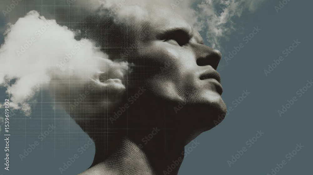 Poster apocalyptic digital transformation streamlined human face with energy waves and technological grid i