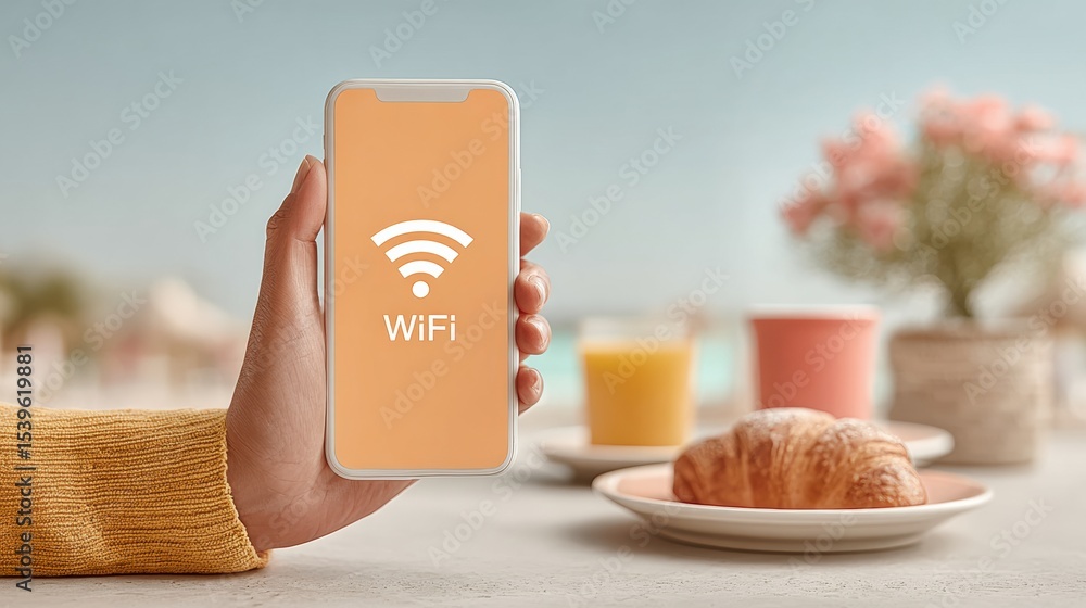 Poster smartphone wifi hotspot in cozy cafe setting with warm golden hour light, promoting digital connecti