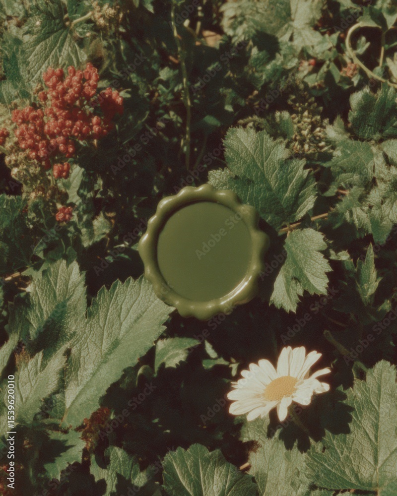 Poster verdant seal emblem wax seal on lush botanical leaves with soft natural light for authentic document