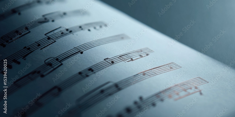 Poster moody score sheet with standard musical notation and metallic textures in dim light for music publis
