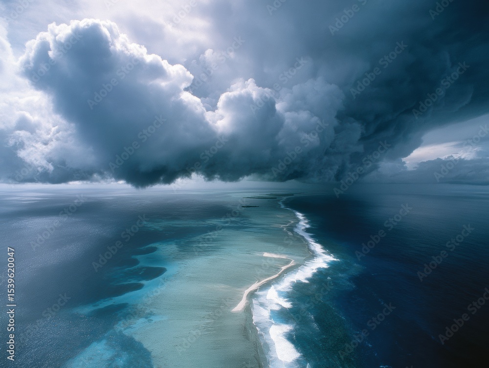 Poster apocalyptic aerial view of palmyra atoll showing narrow islands vulnerable to rising sea levels with