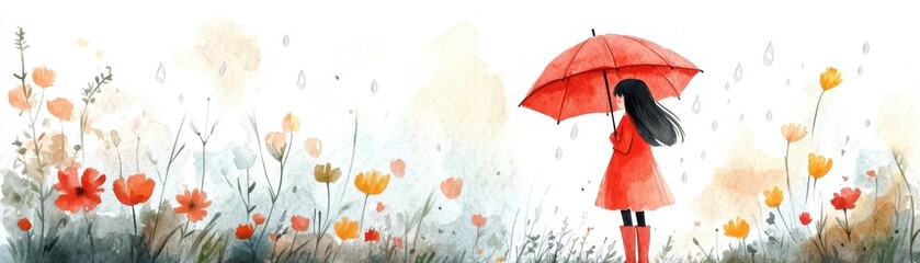A watercolor painting of a girl in a red dress holding a red umbrella, standing amidst tall wildflowers with a soft, dreamy background.