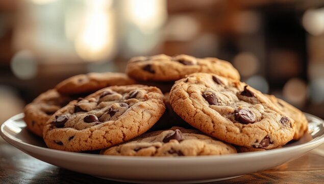 Stack of warm, freshly baked chocolate chip cookies on a white plate