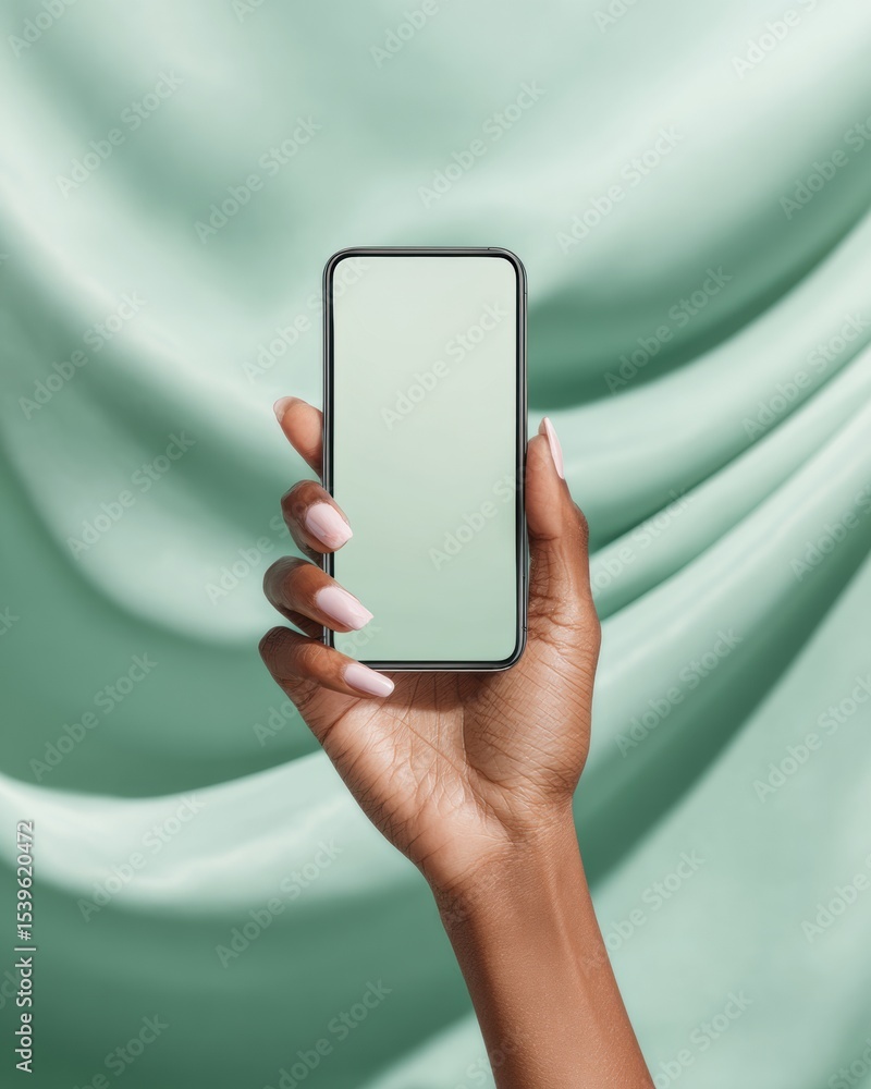 Poster Mobile authentication with thumb biometric scanning on smartphone in calm green aesthetic for secure app access and identity verification technology