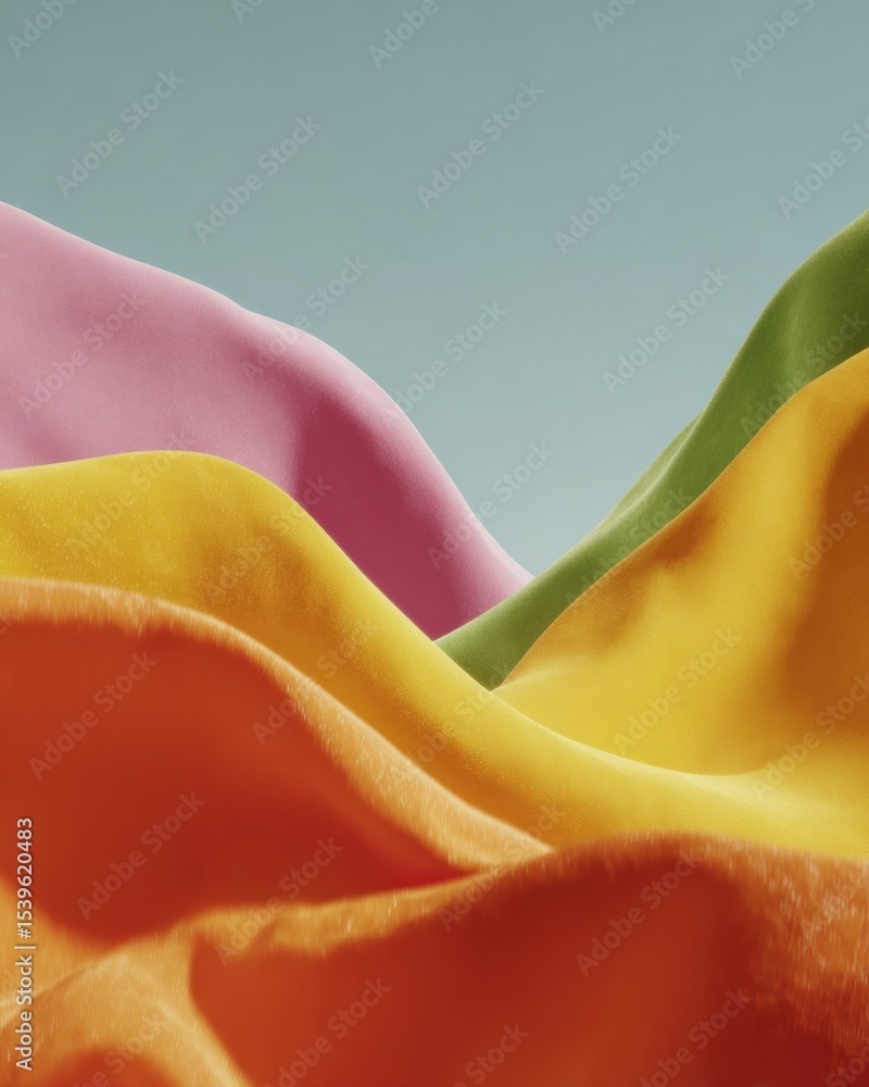 Poster vibrant abstract fabric waves in lime green magenta and sunny yellow with glossy textures for contem