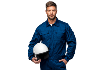 Confident male driver in a blue uniform holding a white safety helmet, isolated on transparent background. Concept of safety, racing, or industrial work