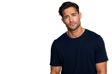 Sad young man with teary eyes looking heartbroken and emotional after a breakup, isolated on transparent background. Concept of pain, loss, and sorrow