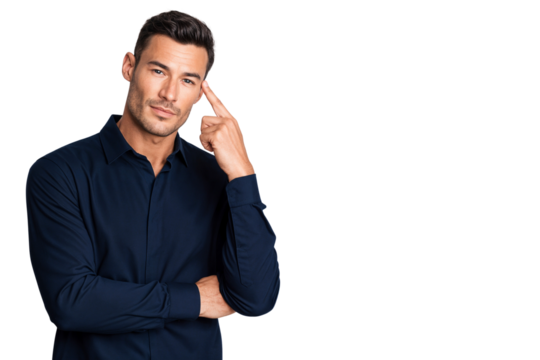 Confident man making a thinking gesture with finger on temple, isolated on transparent background. Concepts of ideas, intelligence, or decision-making