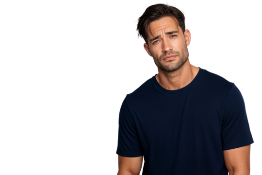 Sad young man with teary eyes looking heartbroken and emotional after a breakup, isolated on transparent background. Concept of pain, loss, and sorrow - Powered by Adobe