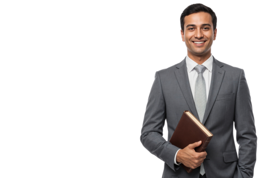 Smiling Indian businessman in formal suit holding a book, isolated on transparent background - Powered by Adobe
