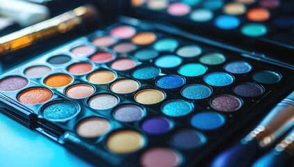 Close-up of a makeup eyeshadow palette with various colors