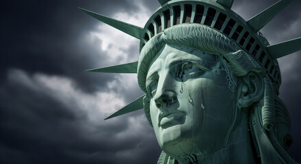 Sparkling teardrops on crowned crying liberty statue cheek made of copper with patina under stormy sky. Political crisis, freedom loss, emotional distress, American democracy values endangered