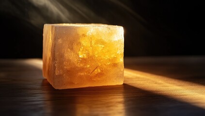 Golden cube, lit by sunbeams, with light fog