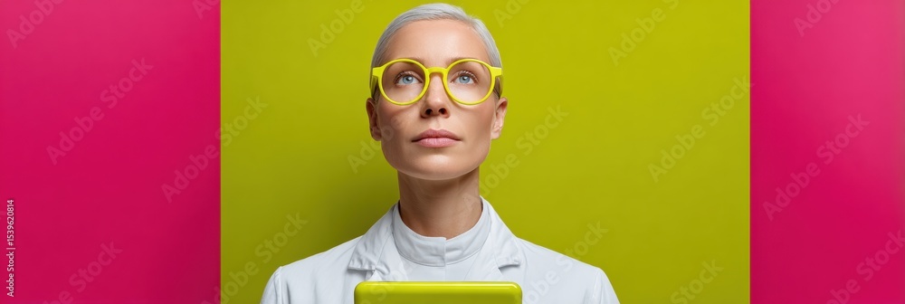 Poster Female Scientist Using Digital Tablet Inspecting Hydroponic Growing Towers in Bright Magenta and Lime Agtech Lab with Precision Agriculture Innovation