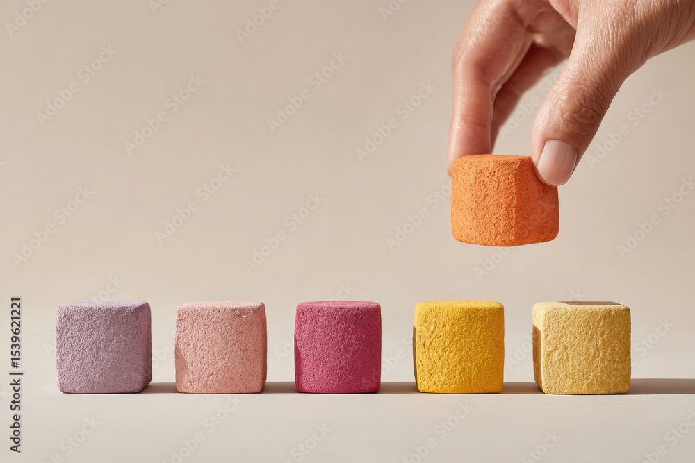 Aufkleber Modern Productivity Concept with Hand Placing Final Orange Cube on Wooden Blocks Progress Bar - Bold Graphic Design and Efficient Task Completion