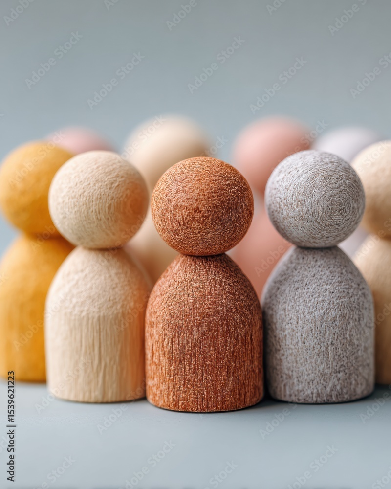 Poster cooperative economy concept with textured wooden figures in soft natural light emphasizing resource 