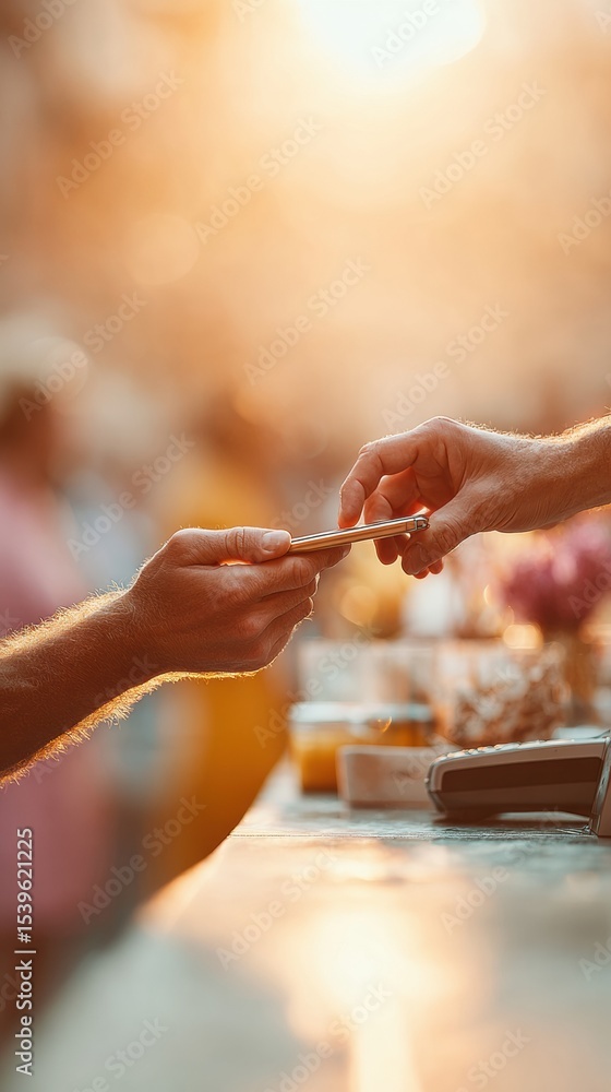 Poster cashless payment with smartphone at retail checkout in golden hour lightstreamlined digital transact
