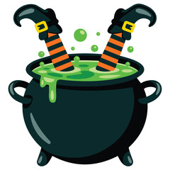 witch legs upside down in cauldron isolated vector illustration