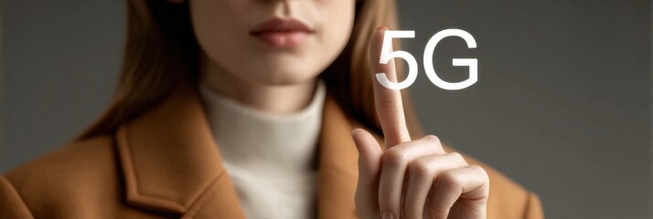Businesswoman activating futuristic 5G network symbol with digital mesh overlay, showcasing wireless innovation and fast connectivity for enterprise solutions