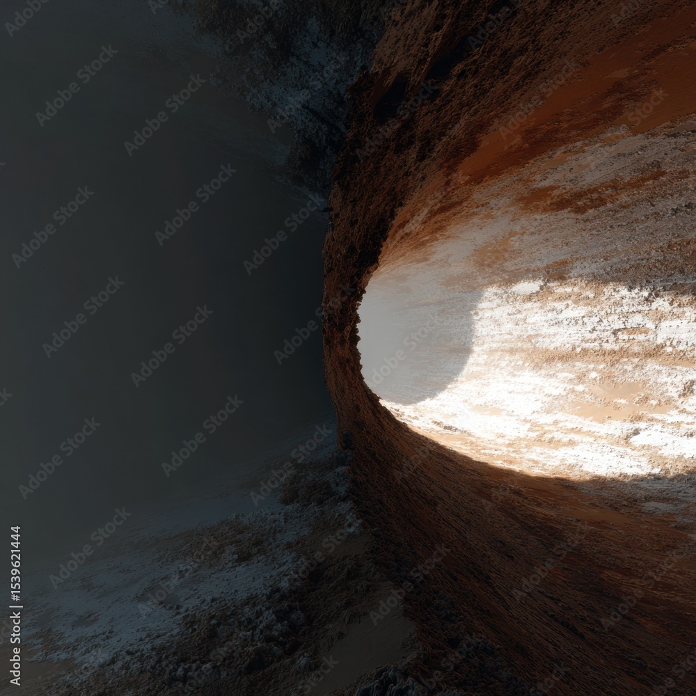 Poster Abstract Tunnel with Textured Earthy Walls and Light Gradient, Futuristic Digital Art Highlighting Depth and Contrast for Creative Visual Media