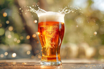 A glass of frothy amber beer splashing energetically, surrounded by bright droplets and sunlight.