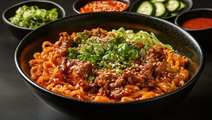 Spicy beef noodle bowl with Asian toppings