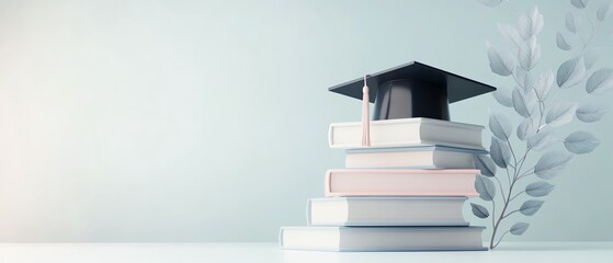Stack of books with a graduation cap on top.