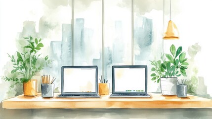 Fototapeta premium A cozy workspace with two laptops, potted plants, and pencils on a wooden desk by a large window revealing a city skyline.