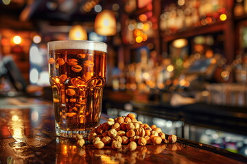 Foamy beer and nuts on a rustic bar counter, creating a warm and inviting pub setting.