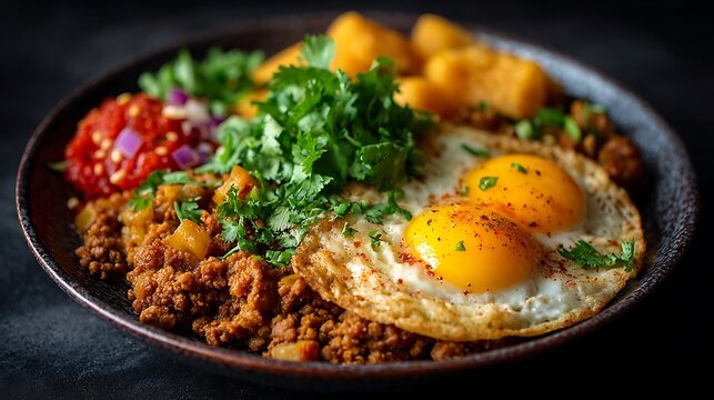 Chechebsa dish with eggs and cilantro plating well