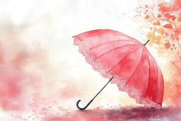 A delicate red umbrella with lace edges rests on a soft, pastel background with autumn leaves falling nearby.