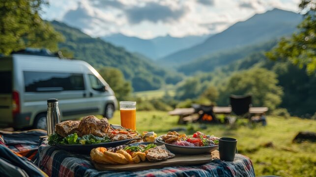A scenic outdoor picnic with a spread of food and drinks set on a blanket, surrounded by lush mountains and a camper van in the background.