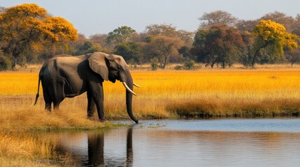 Fototapeta premium African elephant standing near a watering hole surrounded by golden grasslands