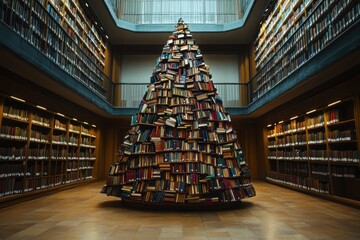 A large pyramid-shaped structure made entirely of books stands in the center of an expansive, multi-tiered library with shelves filled with books.