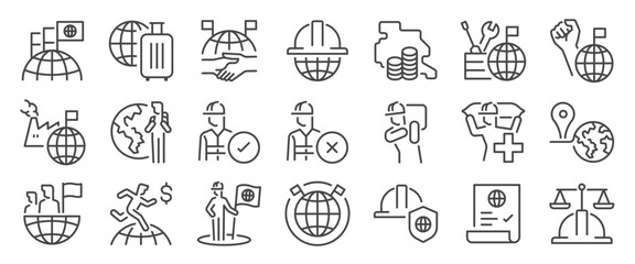 Naklejka na ściany i meble migrant worker icon set. It included foreign worker, labor, country, relocation, local, and more icons. Editable Vector Stroke. 