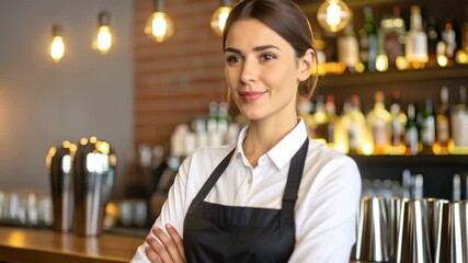 Confident female bartender standing with arms crossed in a restaurant interior, wearing white shirt and black apron, smiling, with bottles on the shelves behind her