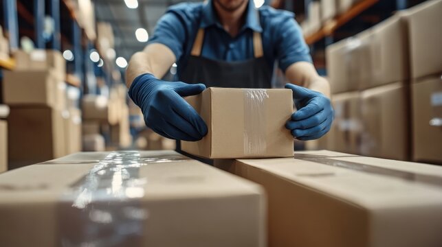 A worker wearing gloves handles a small cardboard box amid stacks of parcels in a warehouse or storage facility.