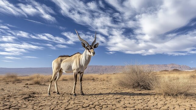 Addax antelope standing in arid desert with cracked earth and sparse shrubs - Powered by Adobe