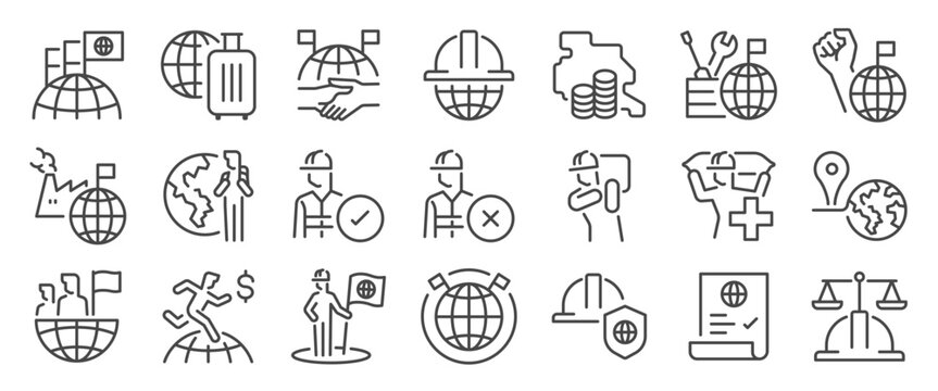 migrant worker icon set. It included foreign worker, labor, country, relocation, local, and more icons. Editable Vector Stroke.
