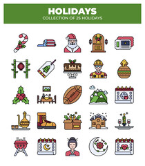Collection of 25 Holidays. Festive Icons and Symbols