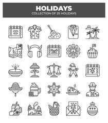 Collection of 25 Holidays. Festive Travel. Vacation. and Celebration Icons